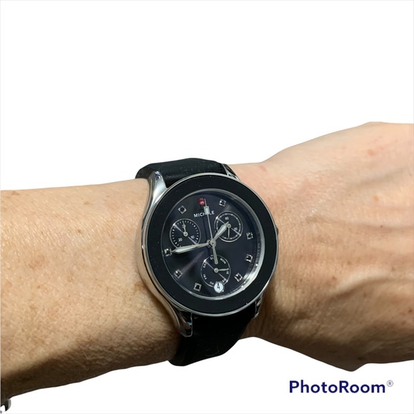 NEW! Michele MWW27C000002 Cape Chrono silver topaz silicone rubber band black - Picture 2 of 7